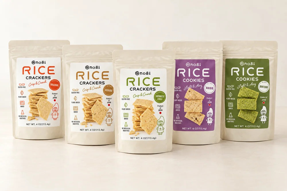 All five NOGI U.S. flavors: Original, Sesame, Japanese Chili, Raisin and Matcha