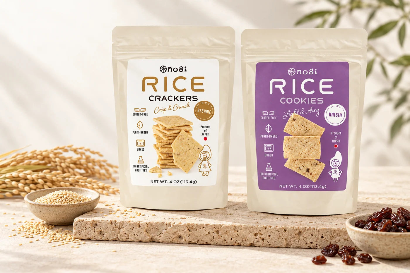 NOGI rice snacks, dips and drinks arranged on a welcoming table