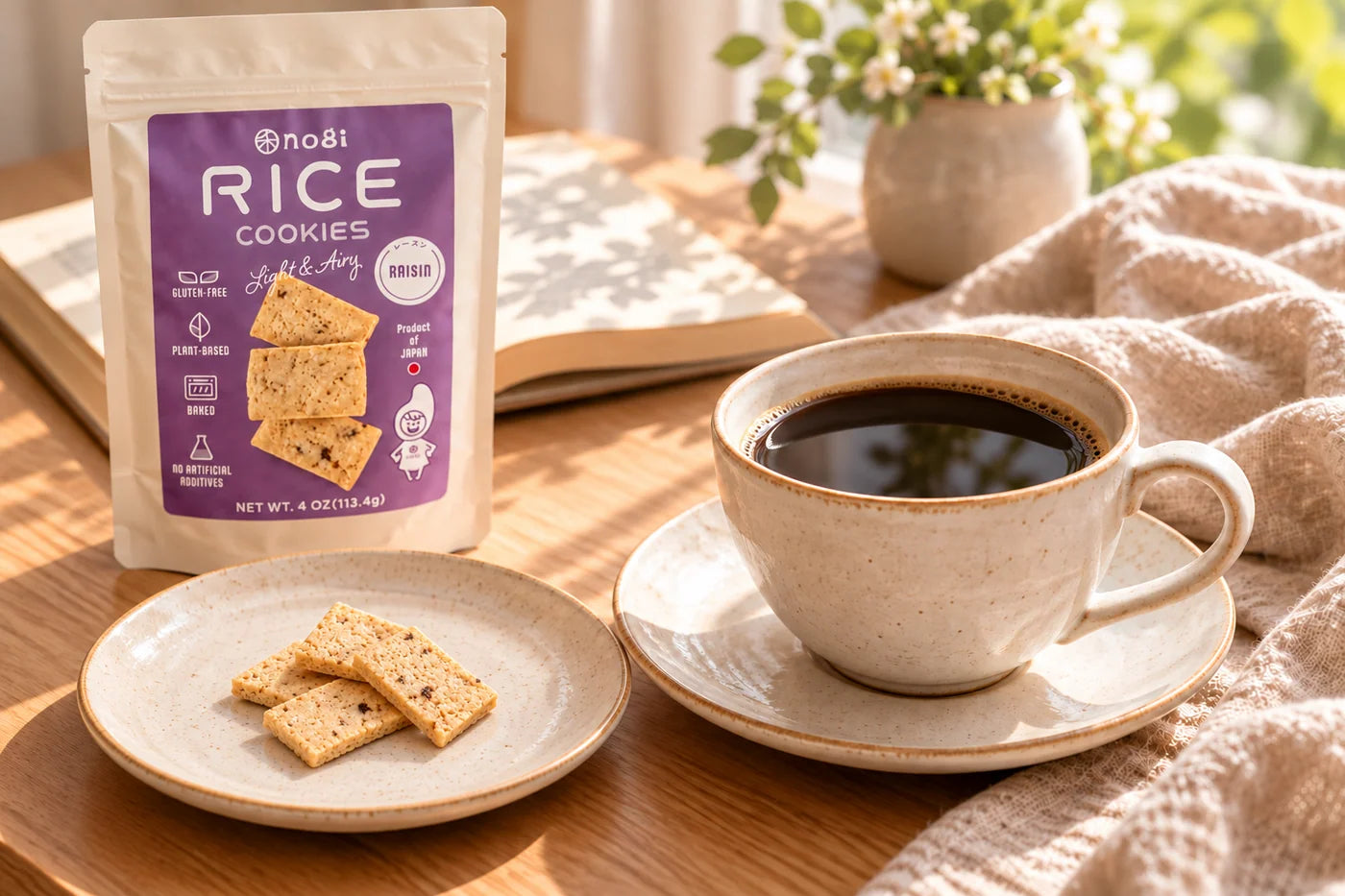 Rice cookies on a plate beside a warm cup